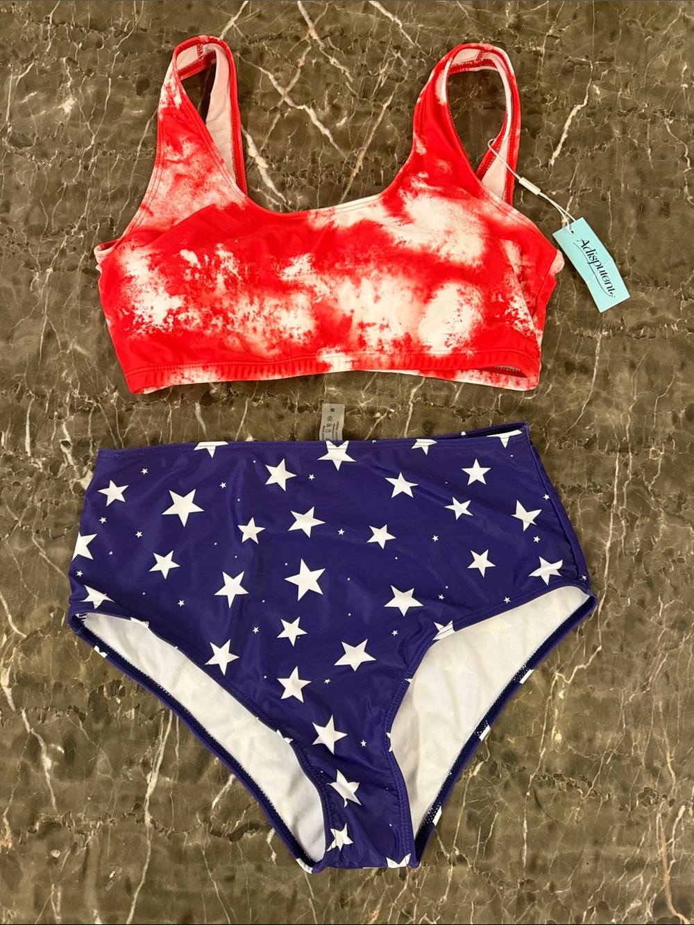 Women's Red Tie-Dye Bralette Bikini Top & Navy Star High-Waist Bottoms